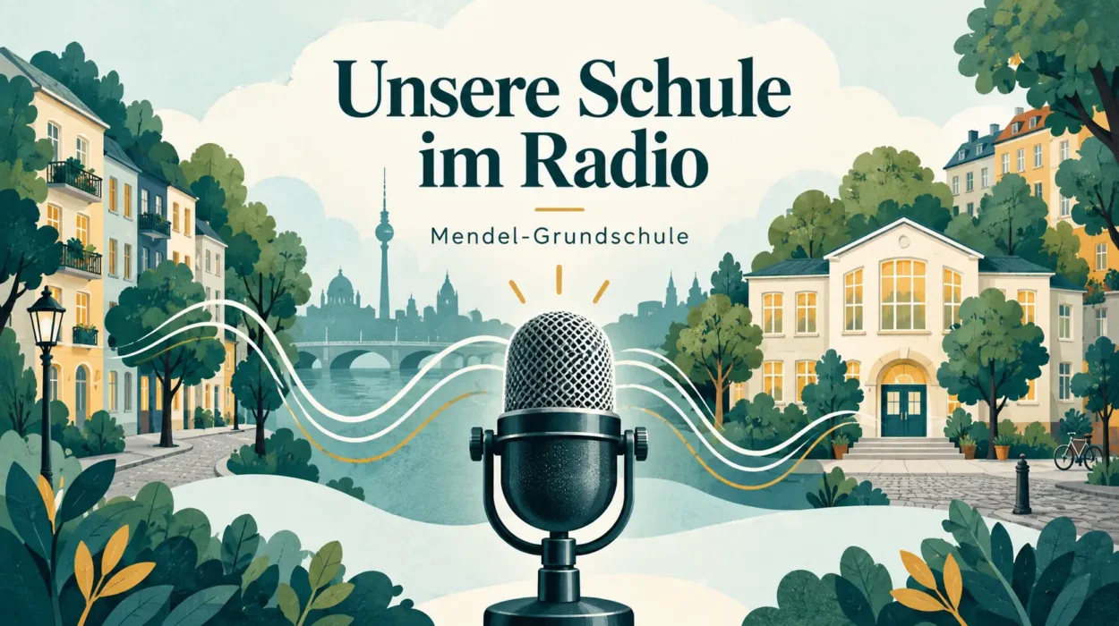Illustration eines Radiomikrofons vor Berliner Kiez- und Schulmotiven mit der Aufschrift „Unsere Schule im Radio – Mendel-Grundschule“.
