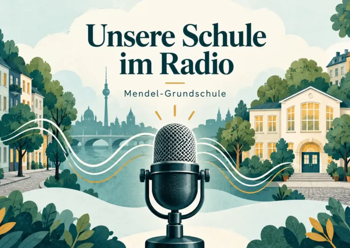 Illustration eines Radiomikrofons vor Berliner Kiez- und Schulmotiven mit der Aufschrift „Unsere Schule im Radio – Mendel-Grundschule“.